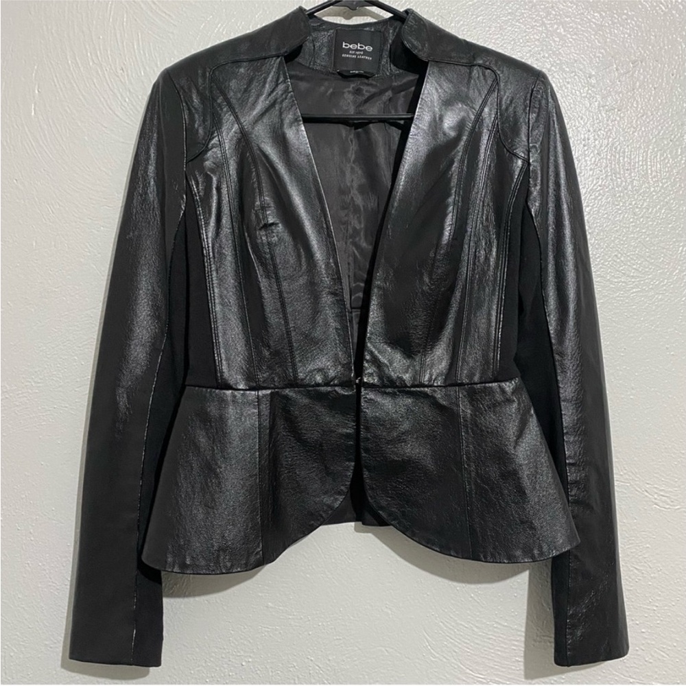 EUC Hard To Find Bebe Black Leather Peplum Blazer XS (Gossip Girl)